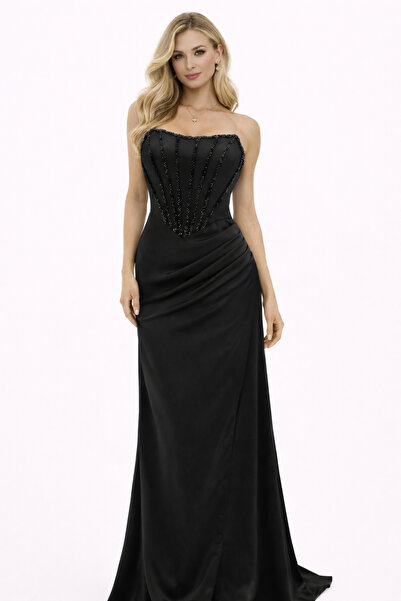 Hüseyin Baştürk Saten Üstü Boncuk İşlemeli Korse Abiye