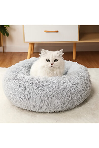 Zenva Pat rotund pufos pentru pisici și câini de talie mică, diametru 50 cm - moale și confortabil, gri