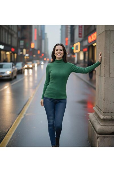 THEBEK Women's Half-Throated Long Sleeve Knitted Body Blouse Green