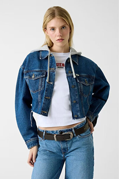 Guess Jachetă scurtă denim pentru femei cu glugă - Albastru