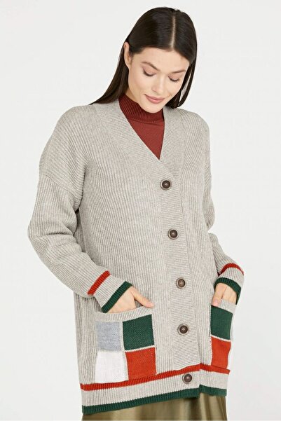 Sementa Color-Combined Oversize Wool Knitwear Cardigan - Mink