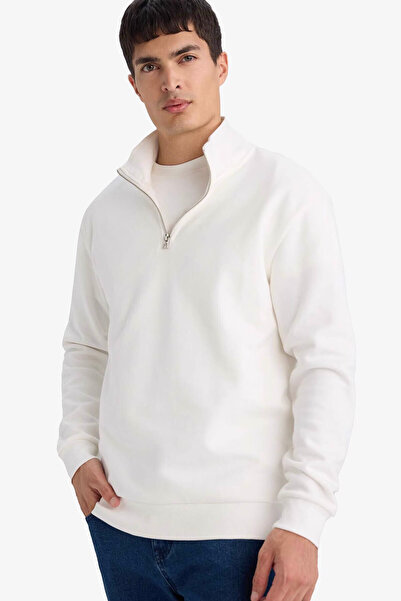 DeFacto White Men's Sweatshirt with High Collar and Half Zipper F9323Ax/Wt32