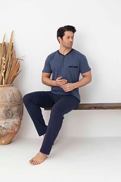 Tarık Men's Navy Blue Dot Pattern Short Sleeve Combed Cotton Knitted Pajama Set