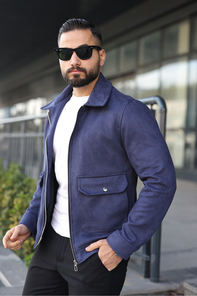 BASEL.CO Slim Fit Lined Suede Jacket with Pocket Flaps