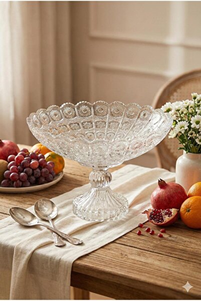 Homerest Ayaklı Kristal Cam Meyvelik Kase Çeyizlik Dekoratif Salon Mutfak Sun...