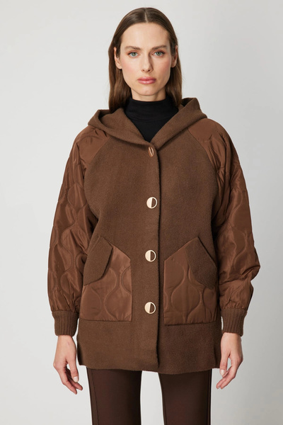 On Fashion Women's Brown Coat with Quilted Sleeves and Buttoned Hood 60935