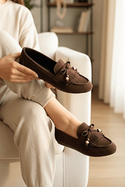 DURUNUN BUTİĞİ Omait Brown Suede Beaded Detailed Ballerina Shoes