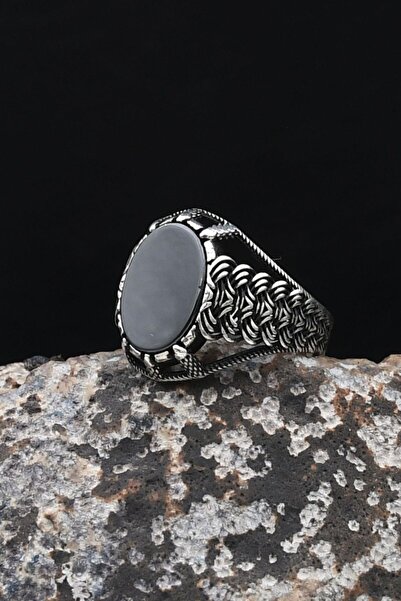 Prestige Örgü Tasarım Siyah Oniks Taşlı 925 Ayar Gümüş Yüzük 902535