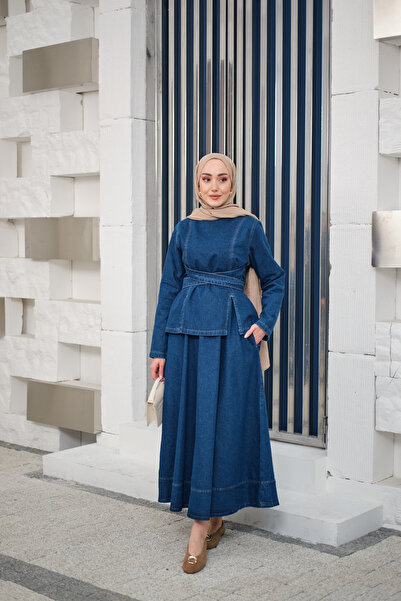 LOCCO Women's Front Slit Belted Suit Navy Blue