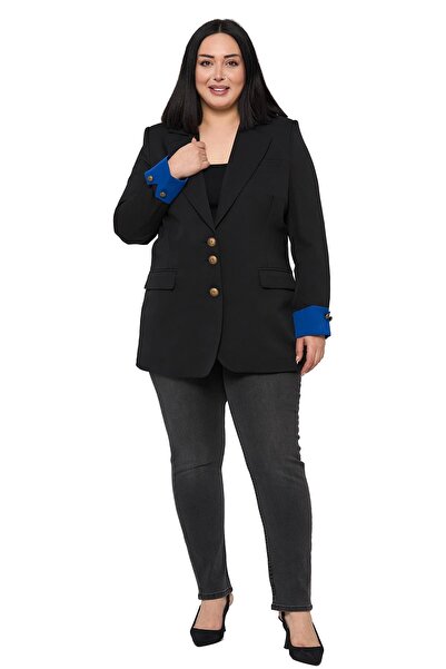 DISENTIS MODEST Plus Size Black Saks Blue Blazer Jacket with Fabric Trim on C...