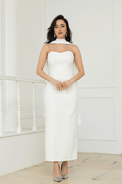 BEYBOS Βραδινό φόρεμα Atlas Fabric Strapless με λεπτομέρεια στο σάλι - ΛΕΥΚΟ