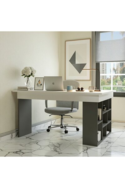 Misterium Atlas L Köşe Kitaplıklı Bilgisayar ve Çalışma Masası - Antrasit Beyaz