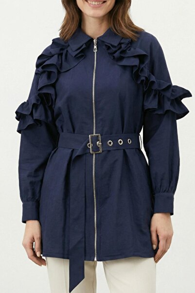 Soul Women's Front Zipper Trench Coat with Flywheel Detail - 32456Trc - Navy