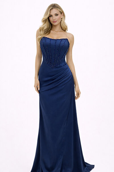 Hüseyin Baştürk Saten Üstü Boncuk İşlemeli Korse Abiye