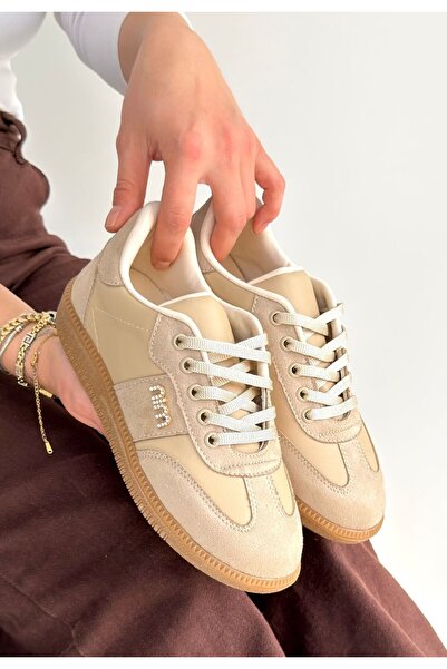 BESKAR Lunga Beige Leather Laced Sports Shoes