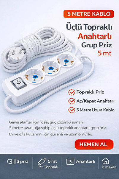 FIRSAT YOLU Üçlü Topraklı Anahtarlı Grup Priz 5 Metre