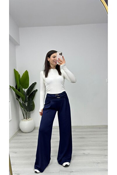 TUNAM BUTİK 9888 بنطلون من قماش المودال بتفاصيل مشبك باللون الأزرق الداكن