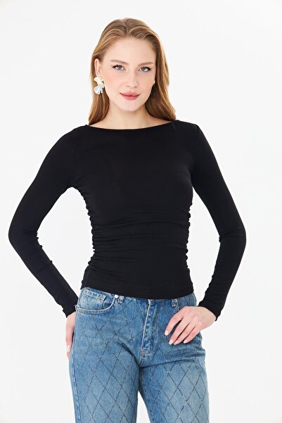 Sortie Дамска блуза с лодкаобразно деколте, събрани страни и тясна кройка, черна