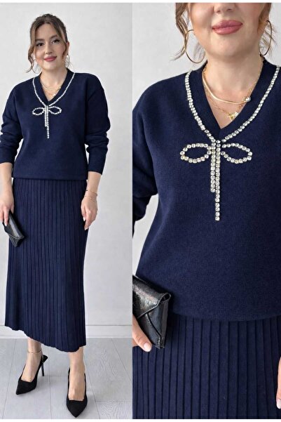 MODA VEDAT Women's Collar Stone Embroidered Skirted Knitwear Set -400-