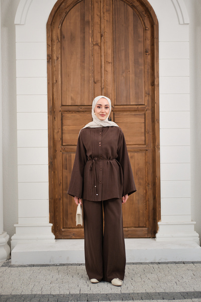 LOCCO Women's Crew Neck Waist Tie Basic Set Brown