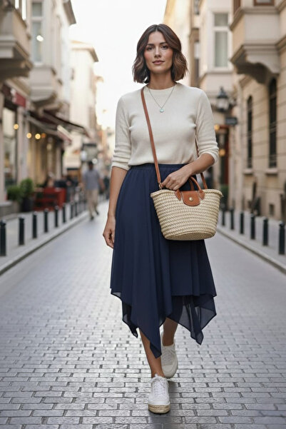 EN WOMAN Women's Asymmetrical Banana Crepe Double Layer Comfortable Fit Skirt...