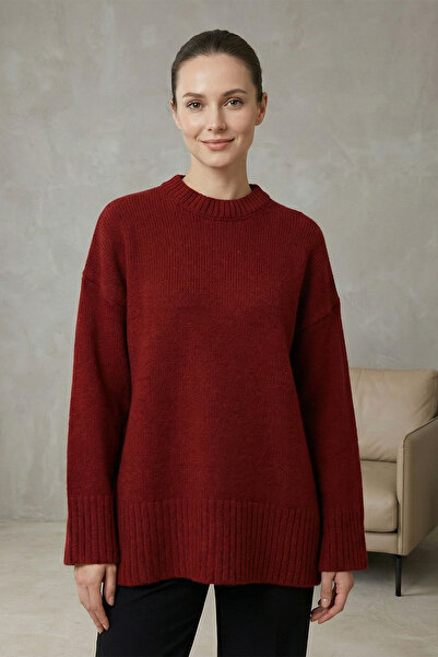 Kirazgym Women's Crew Neck Skirt Ribbed Loose Knit Sweater - Burgundy