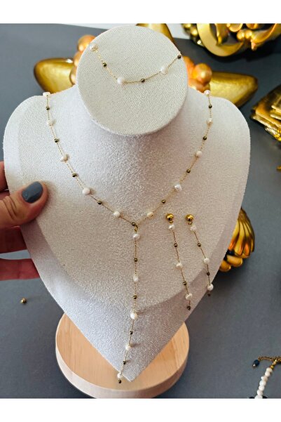 By Song Aksesuar Steel Chain Pearl Necklace Bracelet Earring Set