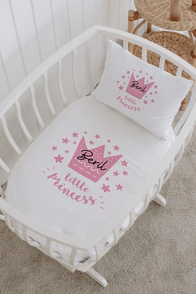 Lilabio İsme Özel %100 Pamuk lastikli Park Yatak Çarşaf Seti (60x120) Pembe Taç