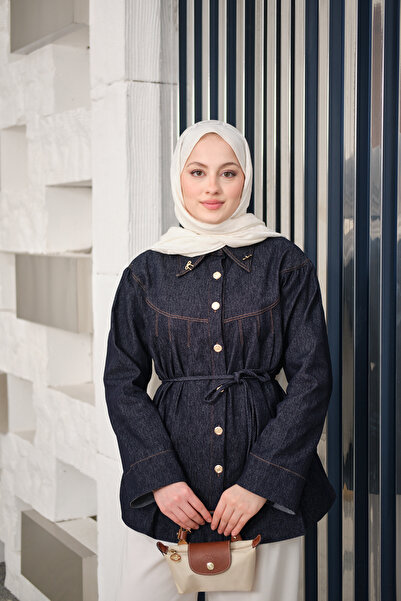 LOCCO Women's Front Pleated Gold Button Detail Shirt Navy Blue