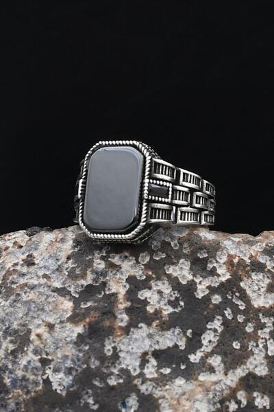 Prestige Kare Tasarımlı Siyah Oniks Taşlı 925 Ayar Gümüş Yüzük 902542