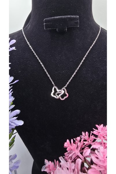ahsenaksesuar2025 Double Butterfly Love Symbol Heart Necklace Silver Color St...