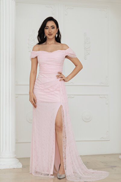 BEYBOS Rochie de seara din dantela cu decolteu tip guler - ROZ