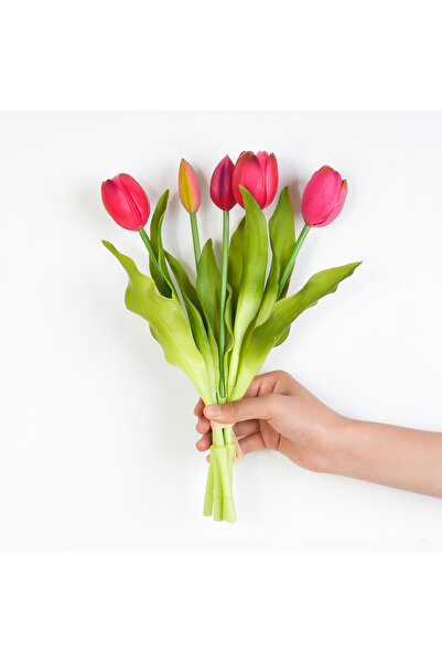 Choice باقة زهور توليب صناعية من السيليكون باللون الأحمر الوردي مكونة من 5 قط...