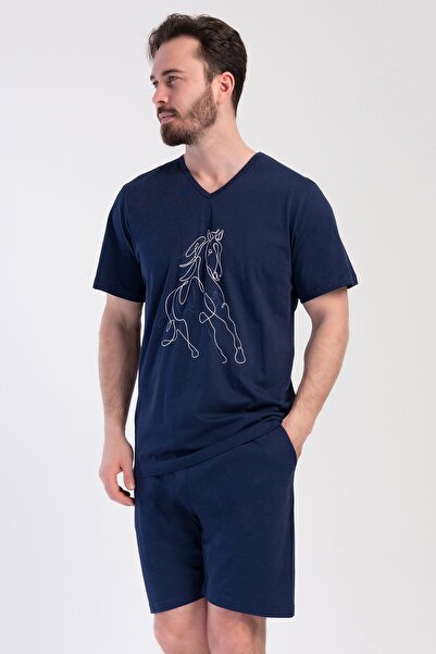 VİENETTA Men's Large Size V-Neck Short Sleeve Shorts Navy Blue Combed Cotton ...