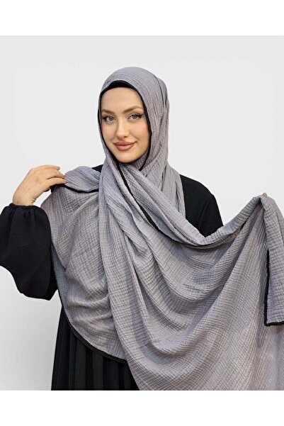 levamor eşarp şal LEVAMOR Müslin Biye Detaylı Kaymaz Dokulu Büyük Boy Şal Gri...