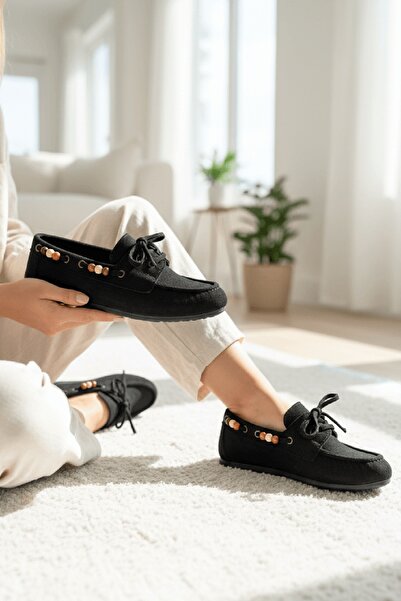DURUNUN BUTİĞİ Laisla Black Suede Beaded Detailed Ballerina Shoes