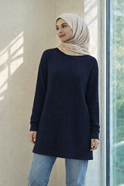 Kirazgym Ribbed Long Knit Sweater - Navy Blue