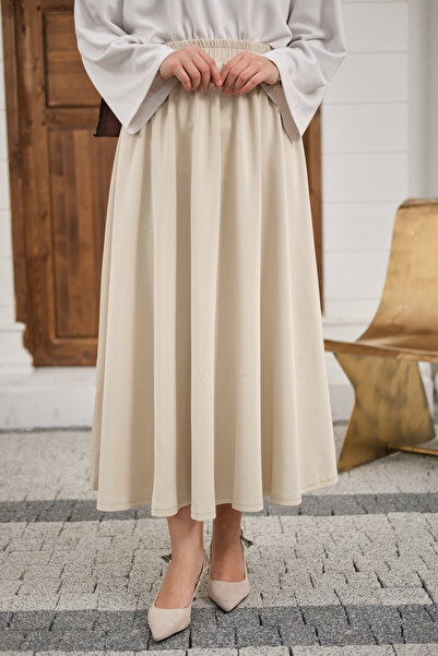 LOCCO Women's Elastic Waist Scuba Skirt Beige