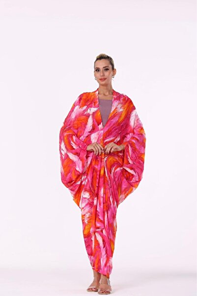 modahira Moda Hira Kadın Çok Renkli Desenli Uzun Kimono Abaya