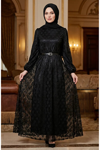 sefamerve Kemerli Dantelli Tesettür Abiye Elbise 5703-01 Siyah