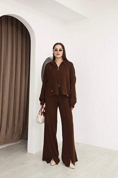 İgnites Coffee-Colored Hooded Double Zipper Cardigan with Slit Front Pants Kn...