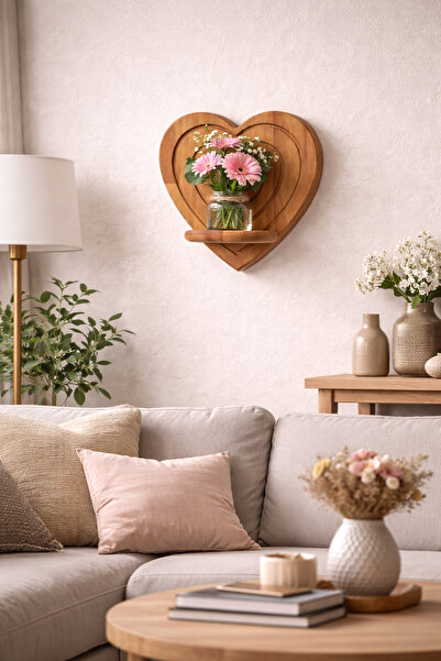 DİNGODAWOODENWORK ❤️ Kalp Formlu Masif Ahşap Duvar Rafı – Dekoratif & Şık Tas...
