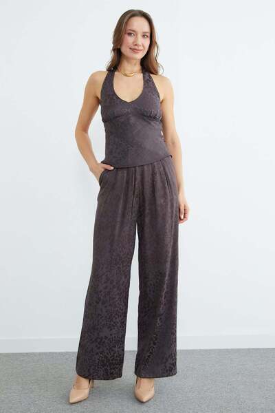Fulla Moda Leopard Patterned Pleated Palazzo Trousers