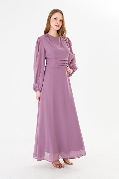 Rora Balloon Sleeve Pleated Chiffon Maxi Dress – Elegant Design with Lining