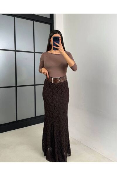 MAESTRO WOMAN Kadın Kahverengi Dantelli Balık Etek