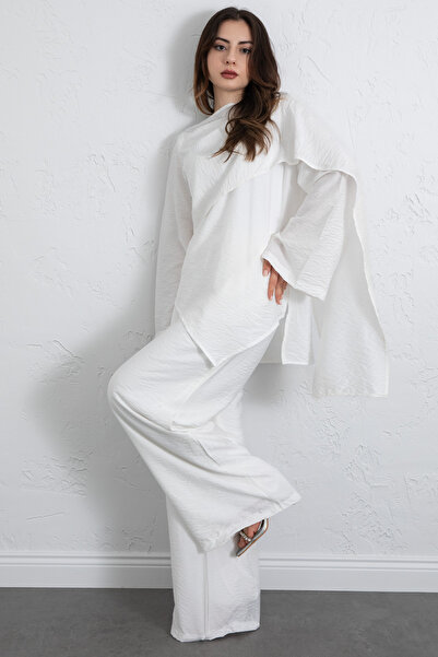 Salih Çelebi Asymmetrical Cut Scarf Suit 266009 - White
