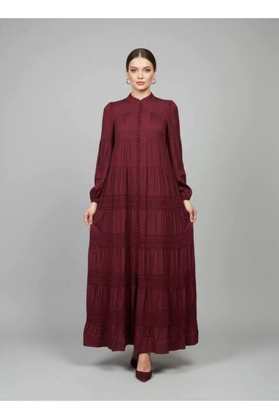 Rabiossa فستان ماكسي نسائي بتفاصيل شريطية من الدانتيل وياقة هاكييم