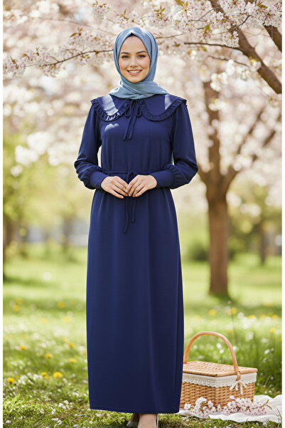 sefamerve Ruffle Collar Lace-Up Hijab Dress 2208-02 Navy Blue