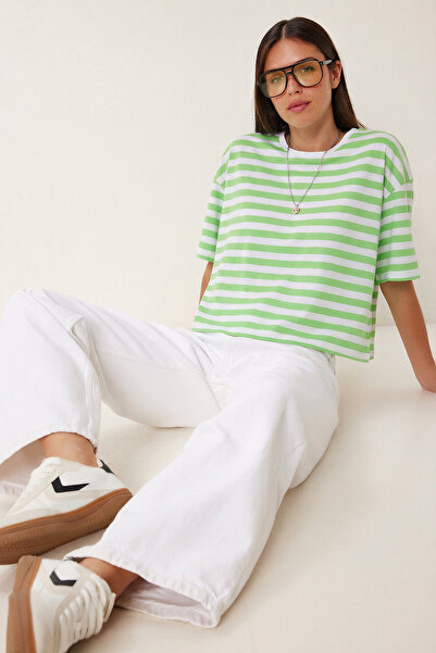 Lovelyİstanbul Oversize Striped Cotton Knitted T-Shirt Lze0001 Green White