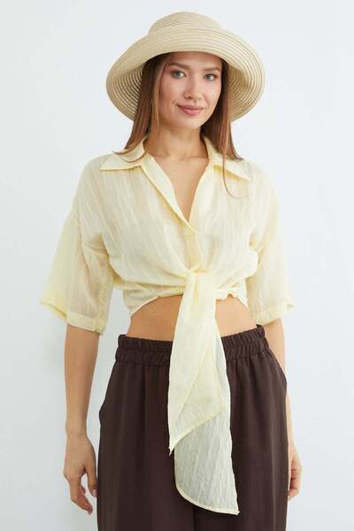 Fulla Moda Striped Jacquard Tie Crop Shirt